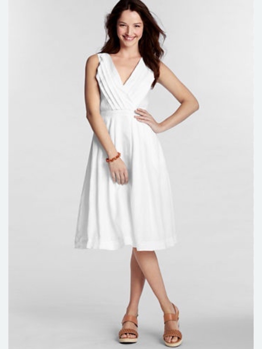 Lands End Midi Dress 10 Linen Surplice Pintuck Pleated Sleeveless White